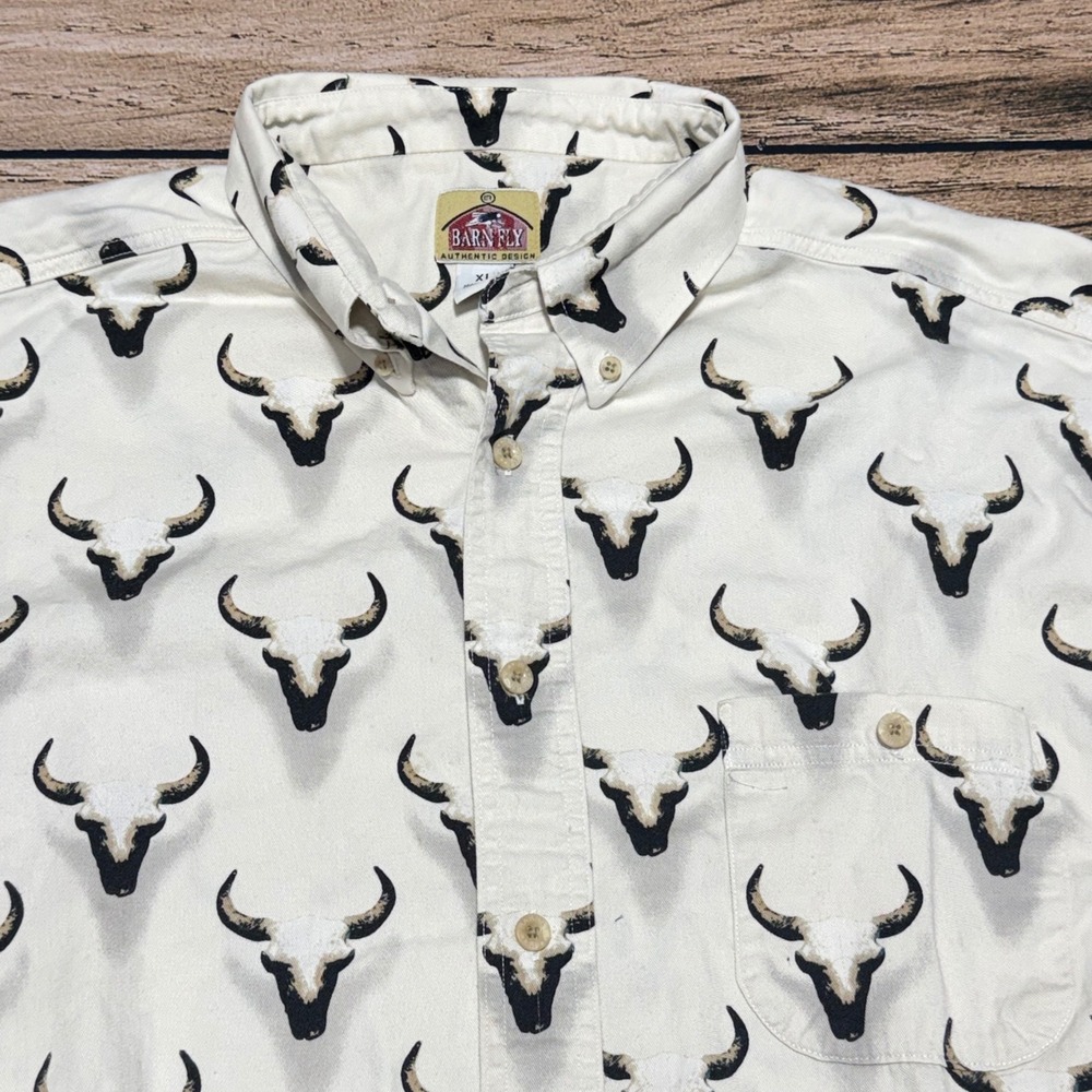 Barn Fly Button Down Shirt Mens XL White Bull Skull Western Short Sleeve USA VTG